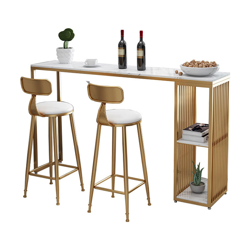 Glam Rectangle Faux Marble Bistro Table Iron Double Pedestal Bar Dining Table with 2-Shelf