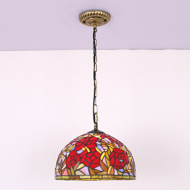 Accesorios de iluminación de colgante de vidrio manchado de cúpula de color rojo Tiffany Costil de techo con 1 luz