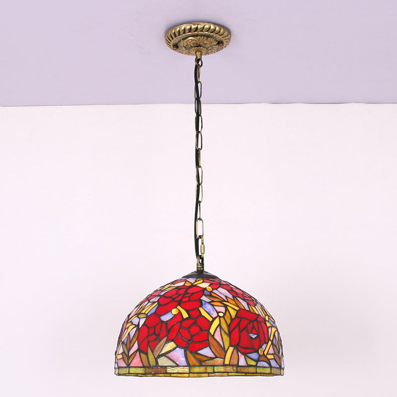 Dome Red Stained Glass Pendant Lighting Fixtures Tiffany Ceiling Pendant with 1 Light