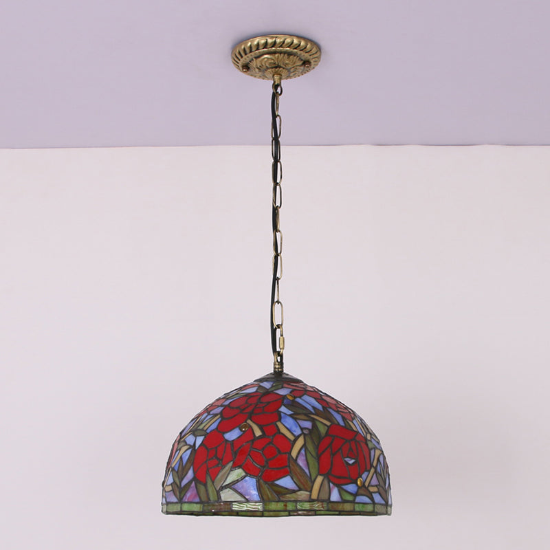 Dome Red Stained Glass Pendant Lighting Fixtures Tiffany Ceiling Pendant with 1 Light