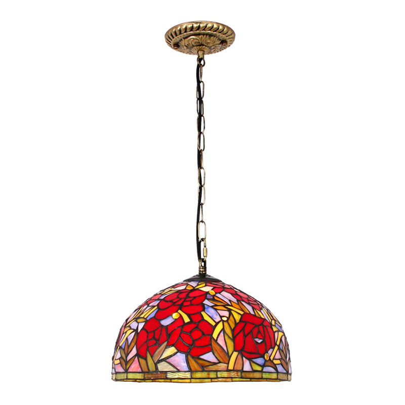 Accesorios de iluminación de colgante de vidrio manchado de cúpula de color rojo Tiffany Costil de techo con 1 luz