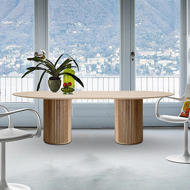Rectangle Brown Modern Dining Table Solid Wood Table with Double Pedestal Base