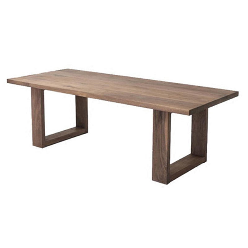 Mesa de comedor de madera maciza industrial mesa rectángulo en marrón con base de pedestal doble