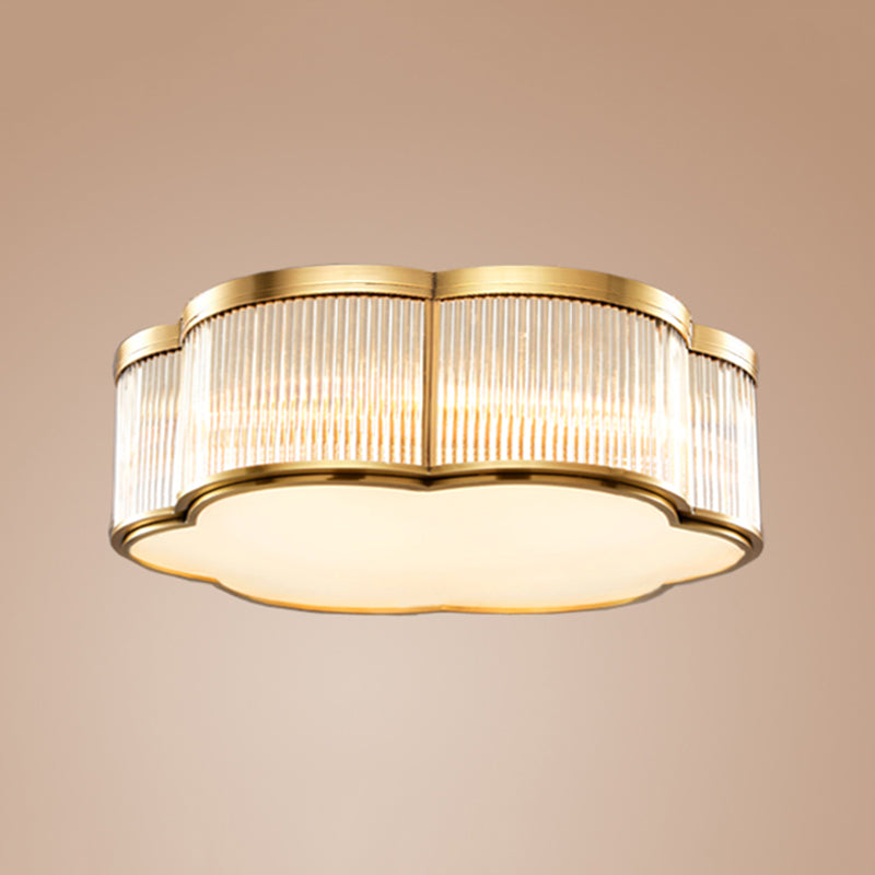 Simplistic Floral Flush Mount Light Fixture Glass Ceiling Mount Lighting in Brass