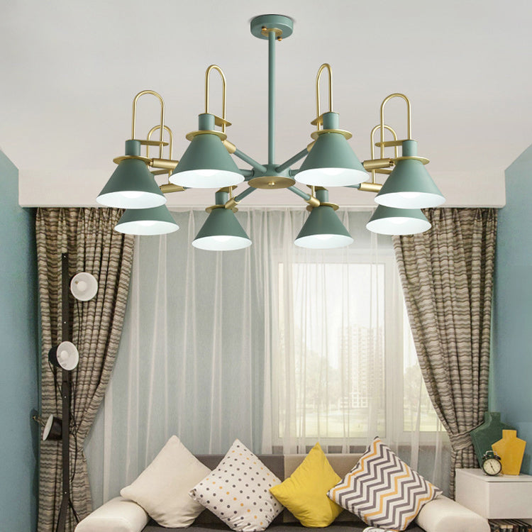 Cone Shade Chandelier Light Nordic Metal Living Room Hanging Pendant with Arc Arm