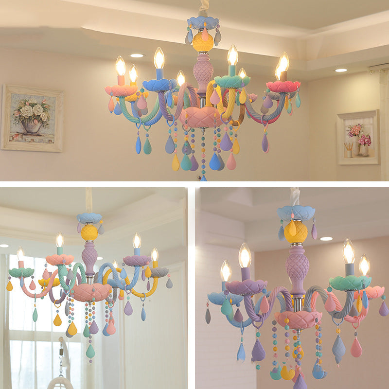 Girl Bedroom Candle Pendant Light Multi-Color Glass Macaron Chandelier