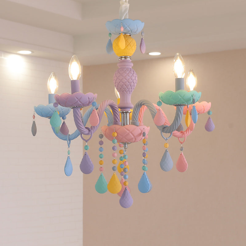Girl Bedroom Candle Pendant Light Multi-Color Glass Macaron Chandelier