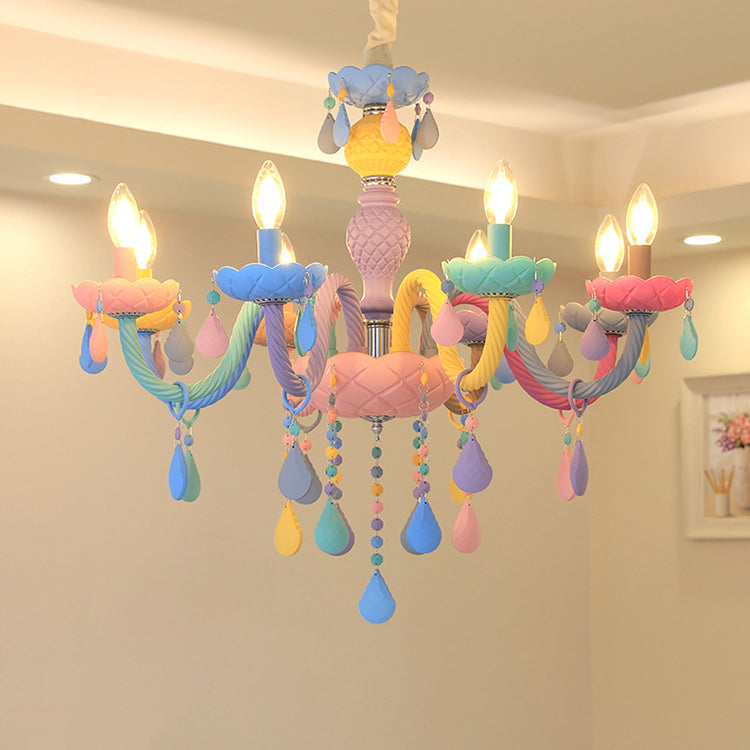 Girl Bedroom Candle Pendant Light Multi-Color Glass Macaron Chandelier