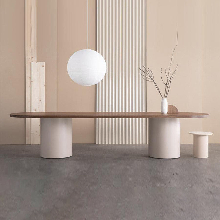 Modern Oval Dining Table Solid Wood Table with Double Pedestal Base