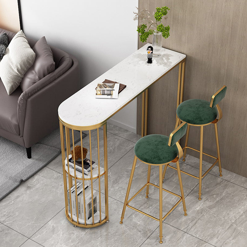 Glam Faux Marble Bistro Table Indoor Iron Double Pedestal Bar Dining Table with 2-Shelf