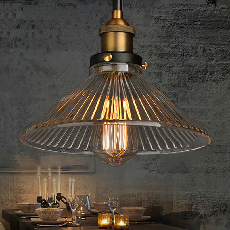 Conical Cafe Pendant Light Industrial Clear Glass 1-Bulb Brass Hanging Ceiling Light