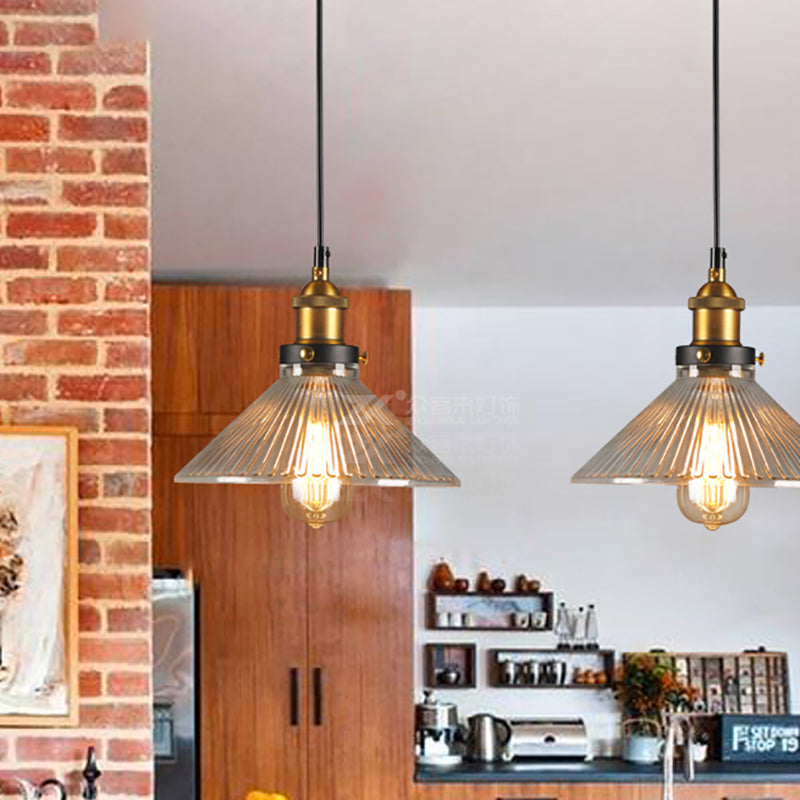 Conical Cafe Pendant Light Industrial Clear Glass 1-Bulb Brass Hanging Ceiling Light