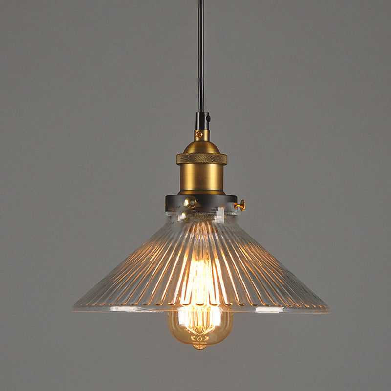 Conical Cafe Pendant Light Industrial Clear Glass 1-Bulb Brass Hanging Ceiling Light