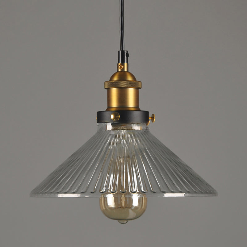 Conical Cafe Pendant Light Industrial Clear Glass 1-Bulb Brass Hanging Ceiling Light