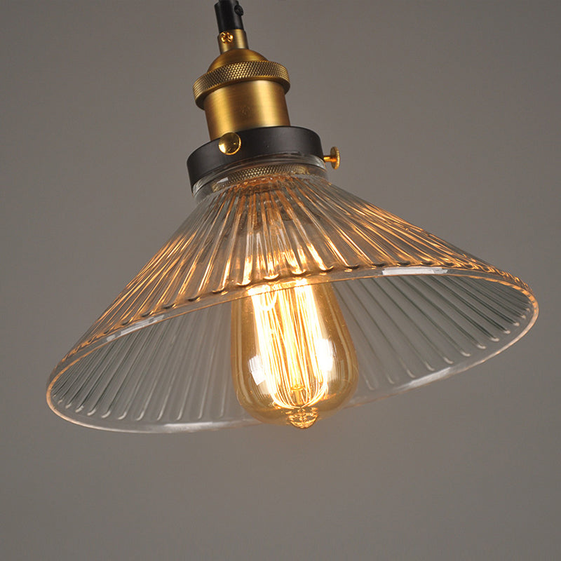 Conical Cafe Pendant Light Industrial Clear Glass 1-Bulb Brass Hanging Ceiling Light