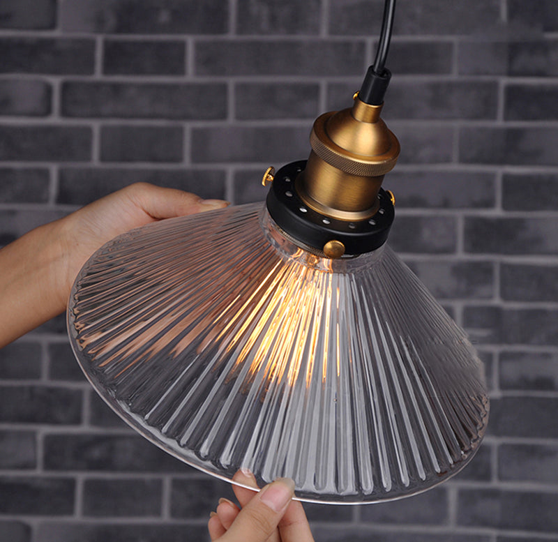 Conical Cafe Pendant Light Industrial Clear Glass 1-Bulb Brass Hanging Ceiling Light