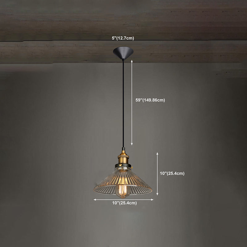 Conical Cafe Pendant Light Industrial Clear Glass 1-Bulb Brass Hanging Ceiling Light