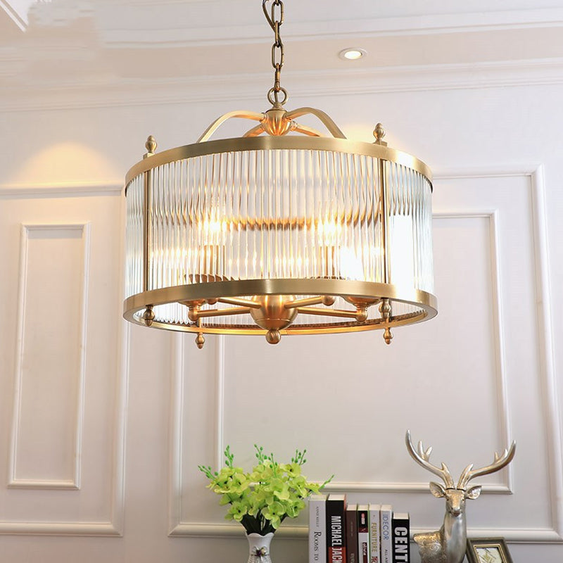 Copper Chandelier Light Fixtures American Style Multi-Head Drum Suspension Lamps with Glass Shade