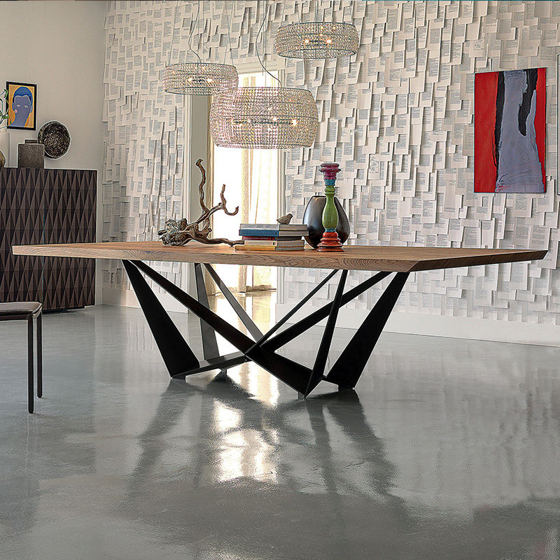 Industrial Solid Wood Table Kitchen Rectangle Dining Table with Black Metal Pedestal Base