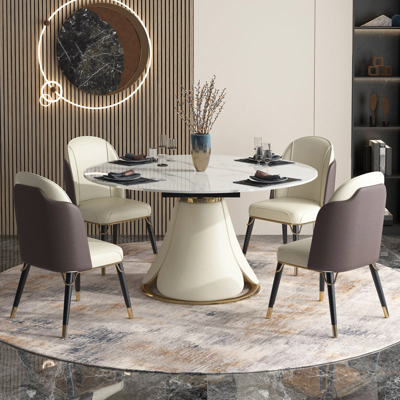 Table extensible avec plateau en pierre frittée, table ronde moderne avec socle