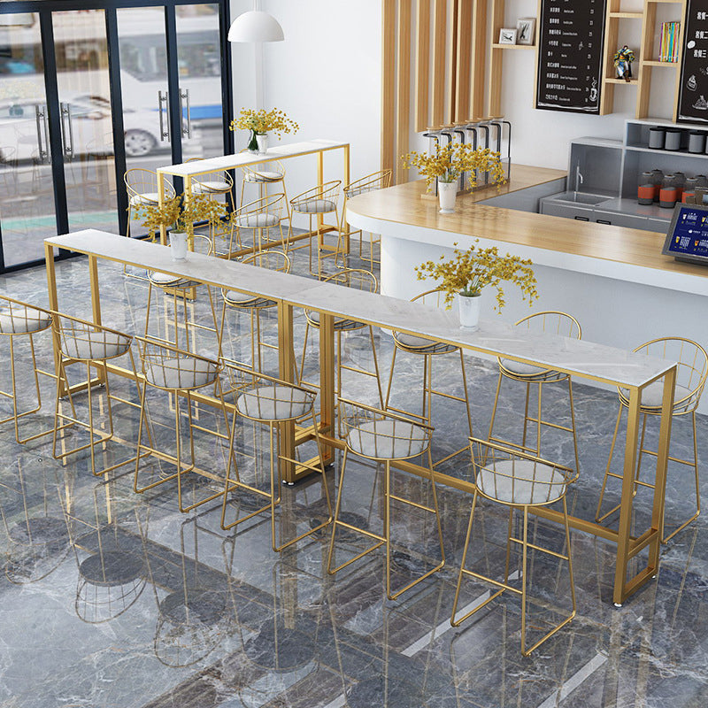 White Glam Style Bar Table in Iron Top and Faux Marble Bar Table, Only Table