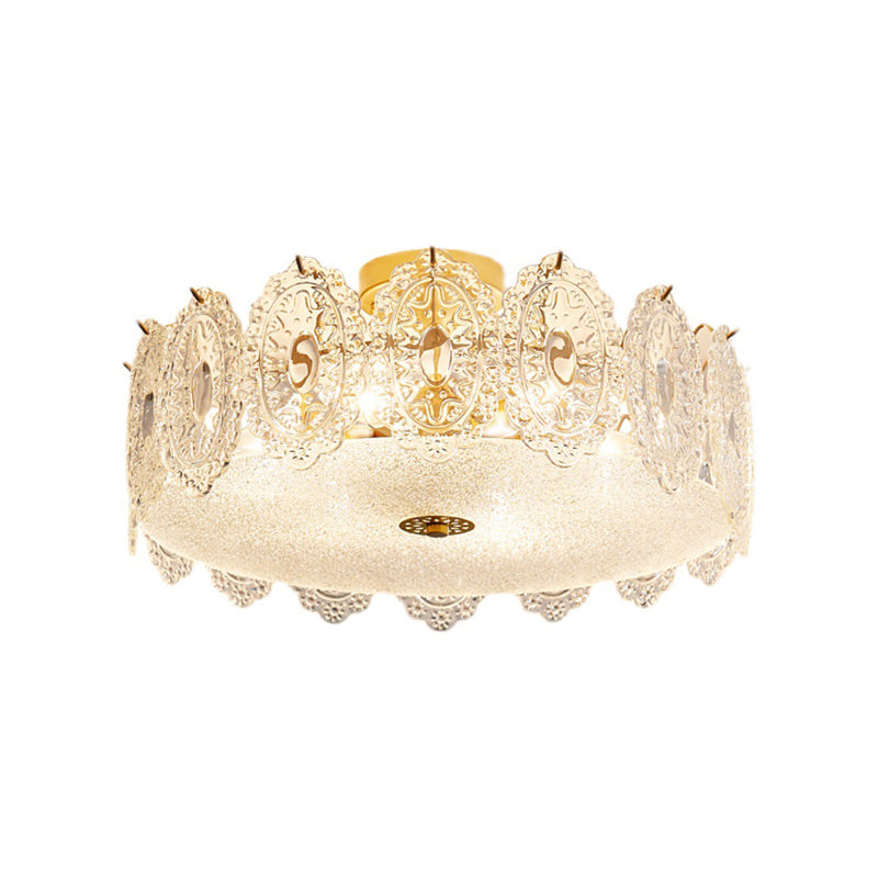 Simple-Style Semi Flush Mount Light Gold Drum Ceiling Mount Lighting with Glass Shade
