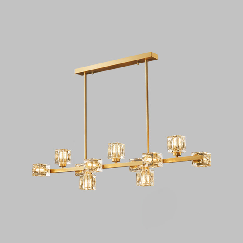 Contemporary Island Light Fixture Crystal Cube Island Lights in Gold for Kitchen