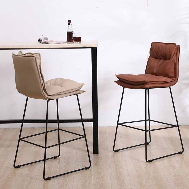 Scandinavian Leather Counter Stools Black Metal Low Back Bar Stools with Footrest