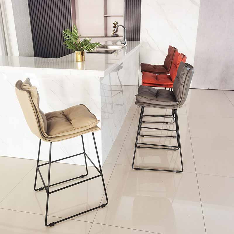 Scandinavian Leather Counter Stools Black Metal Low Back Bar Stools with Footrest