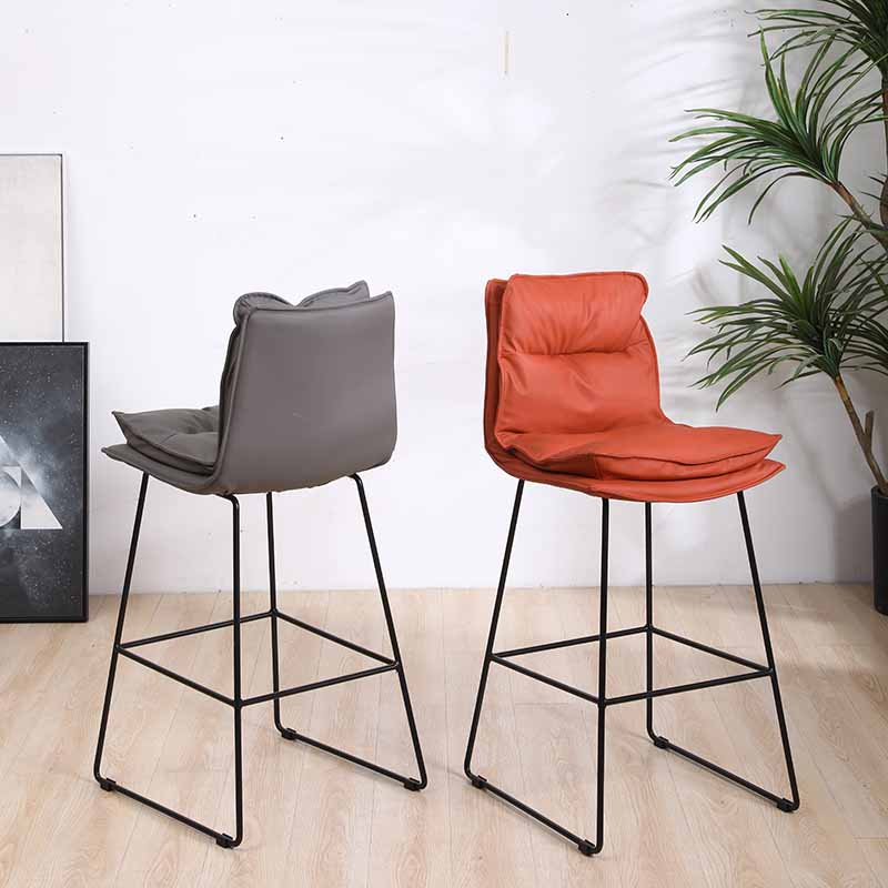 Scandinavian Leather Counter Stools Black Metal Low Back Bar Stools with Footrest