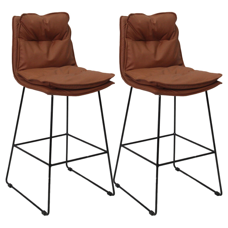 Scandinavian Leather Counter Stools Black Metal Low Back Bar Stools with Footrest