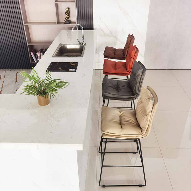 Scandinavian Leather Counter Stools Black Metal Low Back Bar Stools with Footrest