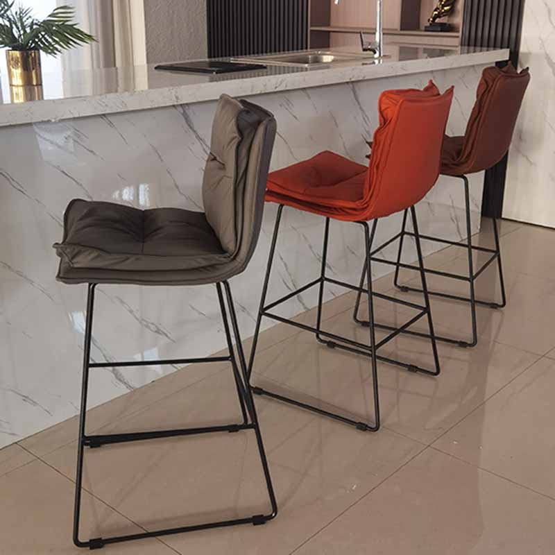 Scandinavian Leather Counter Stools Black Metal Low Back Bar Stools with Footrest