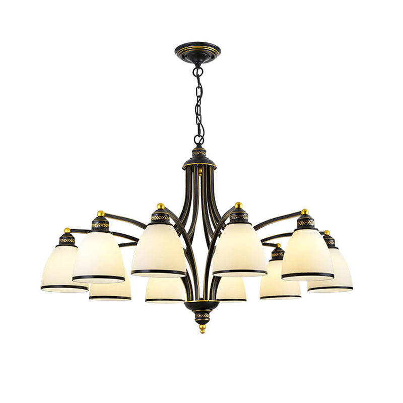 American Style Hanging Chandelier White Glass Shade Chandelier Light Fixture in Black