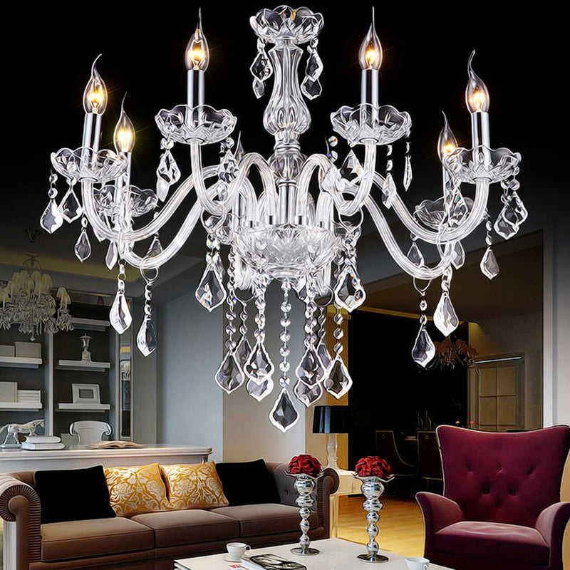 Candle Glass Chandelier Lighting Fixture Living Room Chandelier Lamp with Crystal Droplets