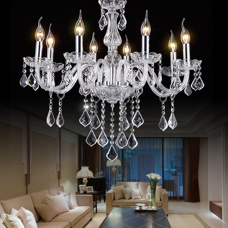 Candle Glass Chandelier Lighting Fixture Living Room Chandelier Lamp with Crystal Droplets
