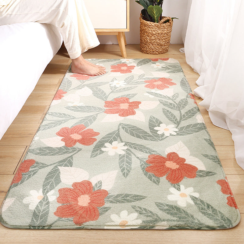 Green Modern Rug Polyester Flower Area Rug Washable Rug for Living Room