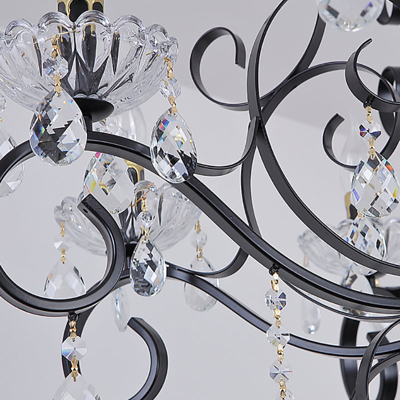 Black Chandelier Lamp Vintage Metal Candle Chandelier Lighting Fixtures with Crystal Drop