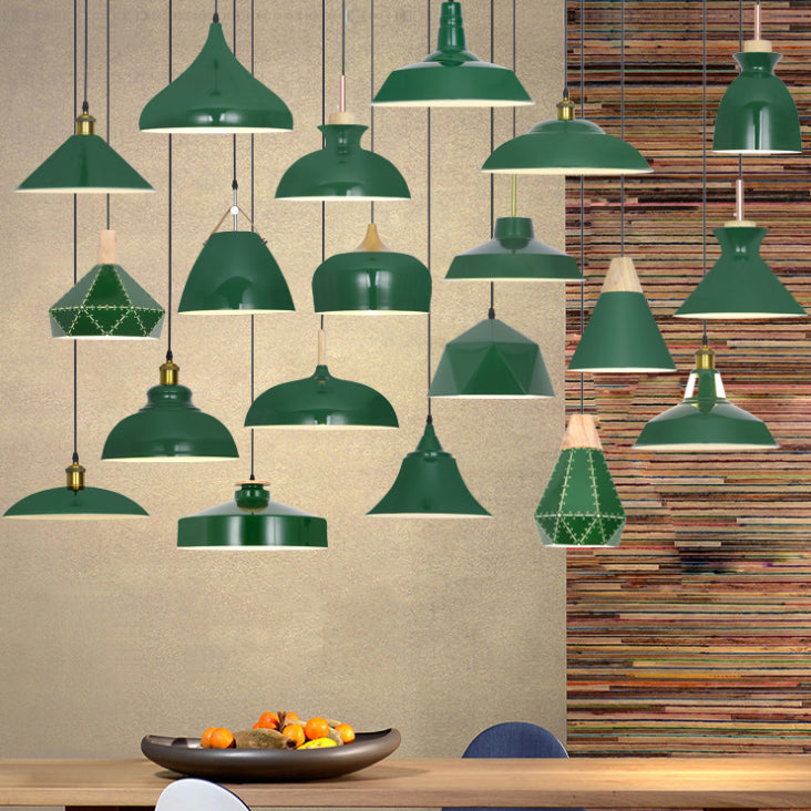 Lampada a sospensione verde a bulbina singola Metal Geometric Luce sospesa per sala da pranzo