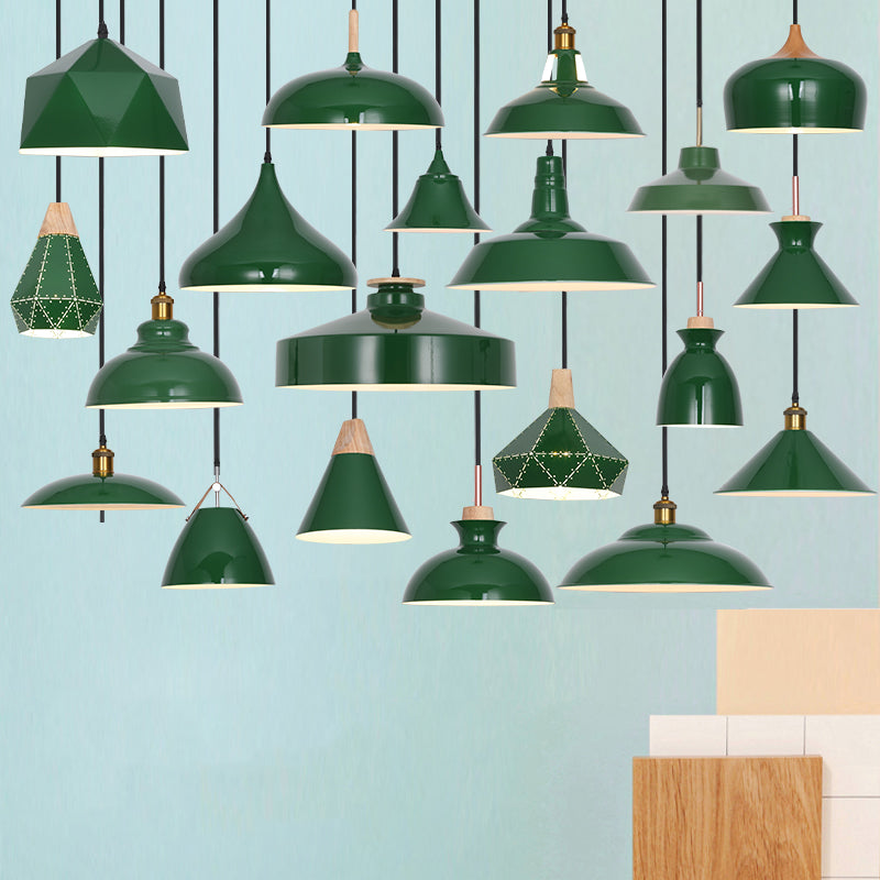 Lampada a sospensione verde a bulbina singola Metal Geometric Luce sospesa per sala da pranzo