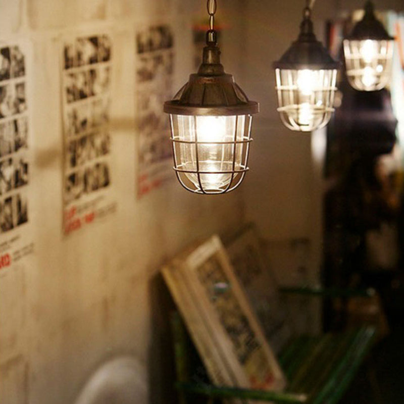 Caged Clear Glass Small Pendant Factory Style 1 Bulb Hanging Light for Restaurant