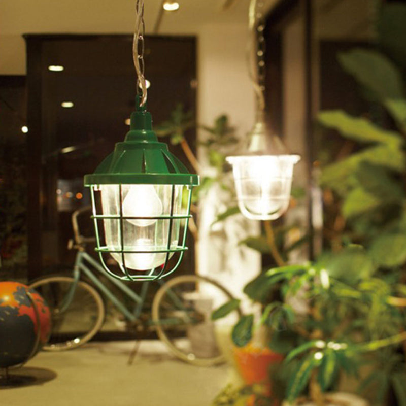 Caged Clear Glass Small Pendant Factory Style 1 Bulb Hanging Light for Restaurant