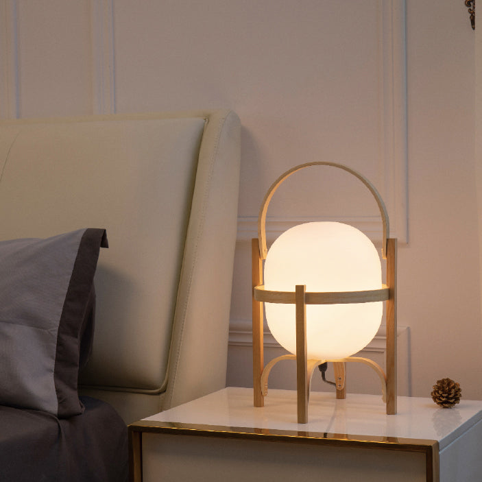 Modern Wooden Table Light 1-Light Bedroom Nightstand Lamp with Globe Glass Shade