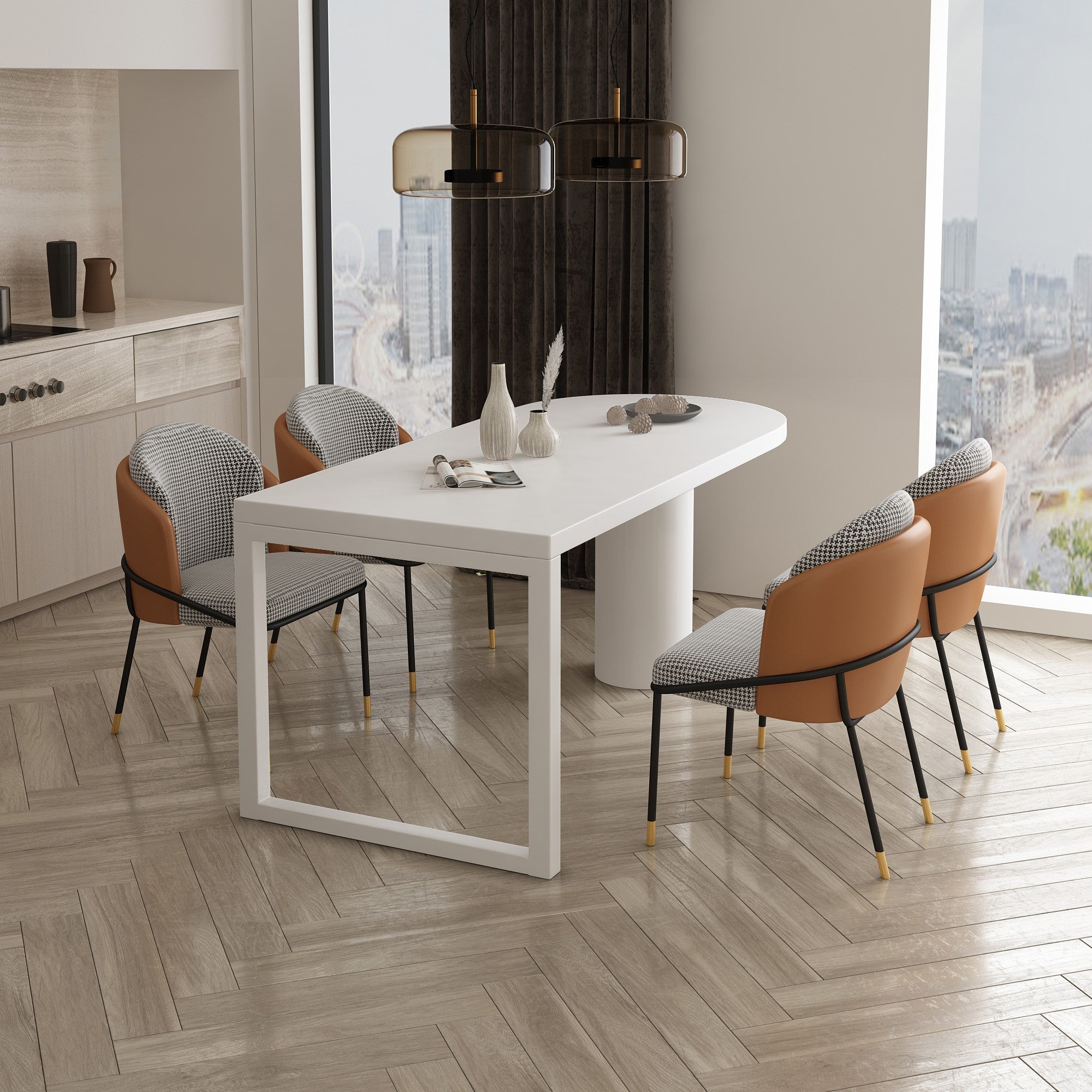 Modern Style Dining Table White Home Use Dining Table with Double Pedestal Base