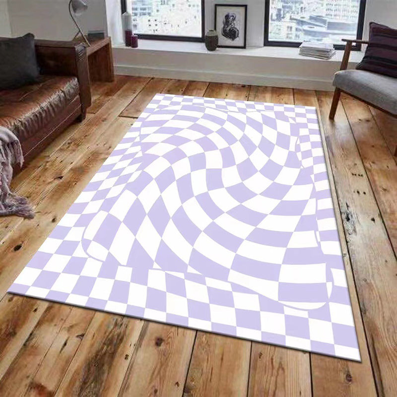 Light Purple Irregular Check Rug Polyester Modern Rug Washable Rug for Home Decor