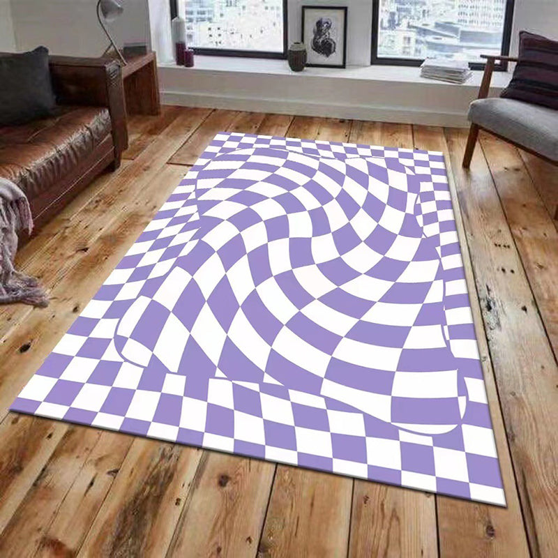 Light Purple Irregular Check Rug Polyester Modern Rug Washable Rug for Home Decor
