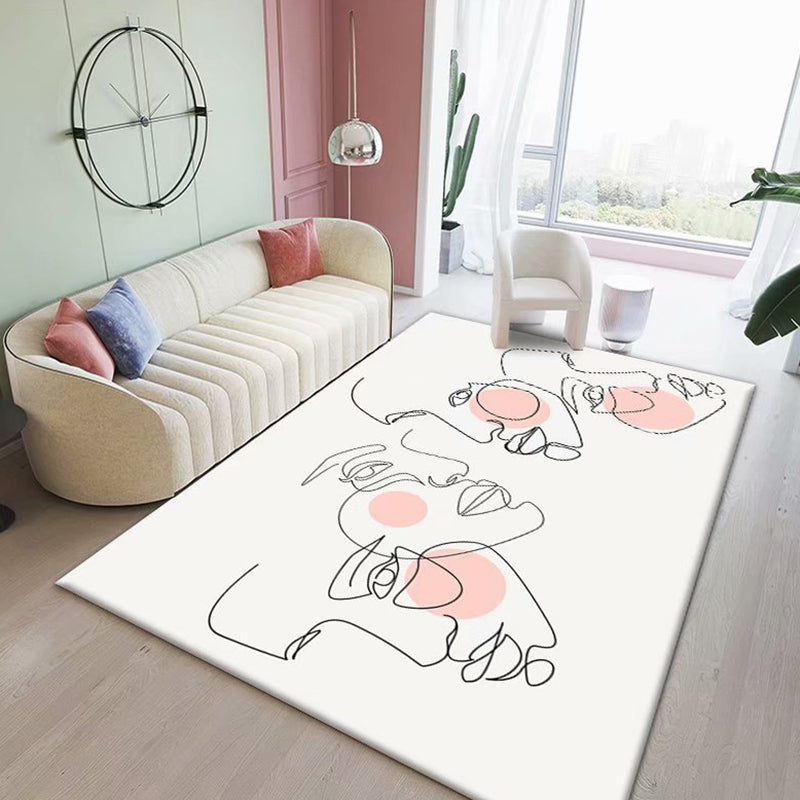 White Abstract Pattern Rug Polyester Simple Rug Washable Rug for Living Room