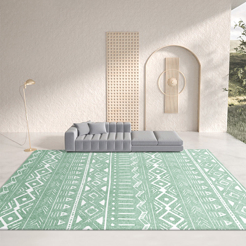 Green Morocco Rug Polyester Pattern Rug Washable Rug for Drawing Room