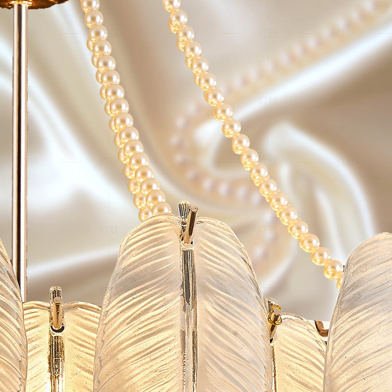 Feather Shape Chandelier Modern Iron Down Lighting Pendant with Glass Lampshade for Study