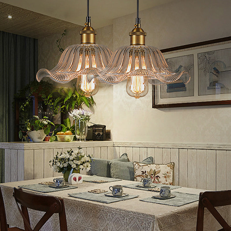 Floral Transparent Glass Suspension Light Fixture Vintage 1-Light Dining Room Hanging Lamp